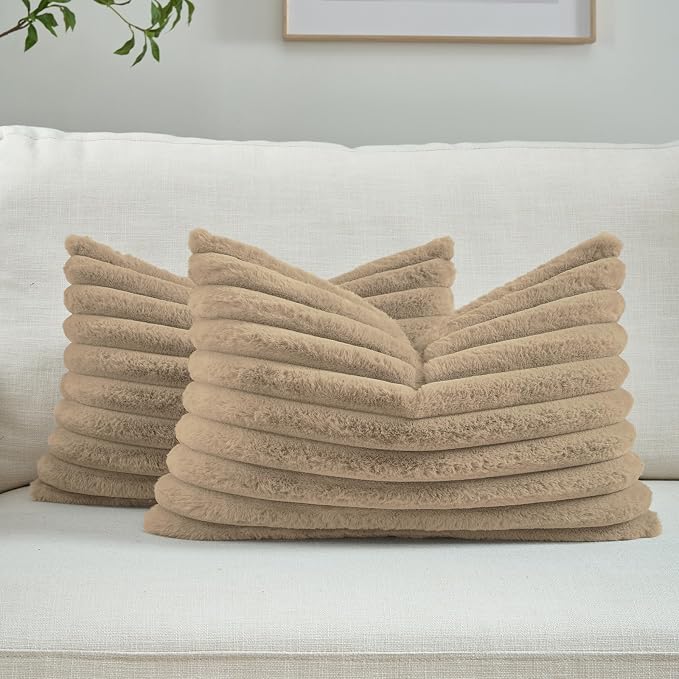 FUTEI Pack of 2 Faux Fur Throw Pillow Covers 12x20 Inch, Khaki | Fluffy Faux Rabbit Fur Front/Premium Velvet Back,Hidden Zipper,Machine Washable,Non-Shedding,Colorfast,Insert Not Included.