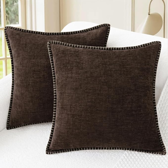 CaliTime Decorative Couch Throw Pillow Covers 22 X 22 Inches Coffee | Pack of 2, Cozy Chenille Cushion Cases, Cotton Thread Stitching Edges, for Sofa Bed Living Room Farmhouse