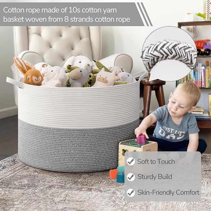 INDRESSME 115L Extra Large Woven Rope Blanket Basket Living Room Light Grey | 23.6" x 15.7" Storage baskets for toys laundry & pillows. Fits living room, bedroom or nursery décor. Soft-touch with handles