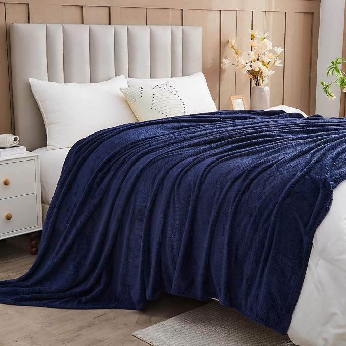 NEWCOSPLAY Fleece Leaves Pattern King Blanket, Dark Navy, 90"x110" | Super Soft Throw Blanket, Lightweight Cozy Bed Sofa Blanket, Premium Silky Flannel Fleece, Travel Blanket for All Season Use