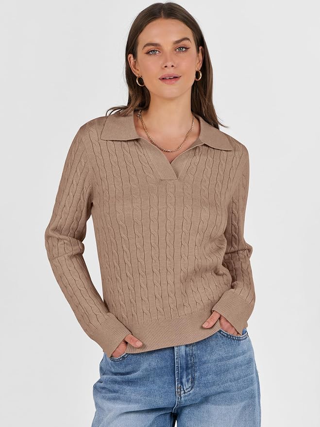 ANRABESS Womens Cable Knit Sweaters Long Sleeve V Neck | Pullover Collared Sweater Tops, Polo Knit Shirts, Business Casual Work, Tennis Golf, Fall Winter Fashion Outfits