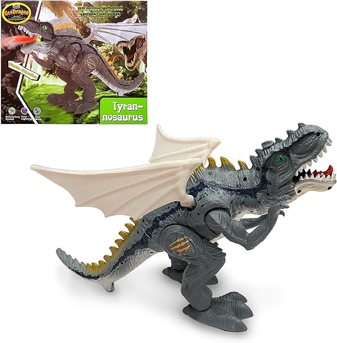 Geospace New Dragon Walking Dinosaur Toy – Smoke Breathing Fire Dragon Toy for Kids 3 & up, Walking Dinosaur Toys with Lights, Roaring Sound, Dragons Action Figure, Dragons for Gift (Icestorm)