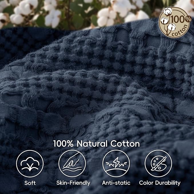 PHF 100% Cotton Waffle Weave Throw Blanket, Lightweight Breathable Summer Blanket for Couch Sofa, Pre-Washed Soft Throws for Bed, Office, Travel & Stylish Home Decor, 50"x60", Indigo