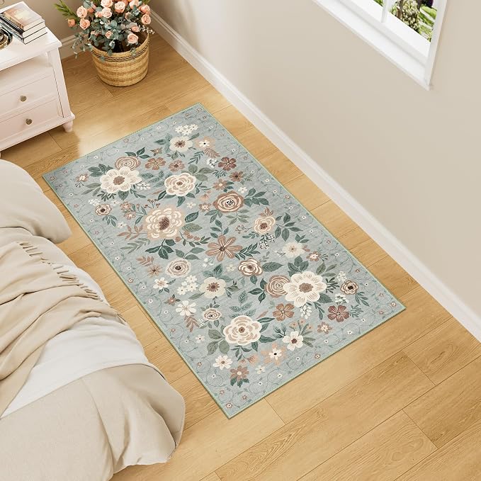 DUKINO 2x4 Entryway Rug, Floral Washable Kitchen Rugs Non Slip, Sage Green | Low Pile, Soft Indoor Runner Rug for Hallway, Bedroom, Bathroom, Laundry, Pet Friendly, Modern Home Decor, Stain Resistant