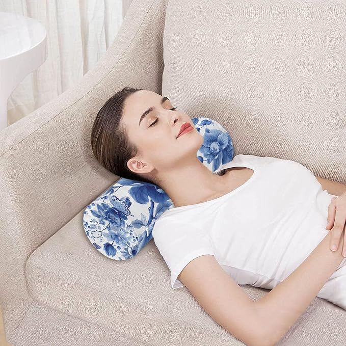 Blue White Flower Neck Roll Pillow Bolster Round Health Memory Foam Long Cervical Roll Cylinder Pillows with Removable Washable Cover for Body Bed Legs Back Yoga