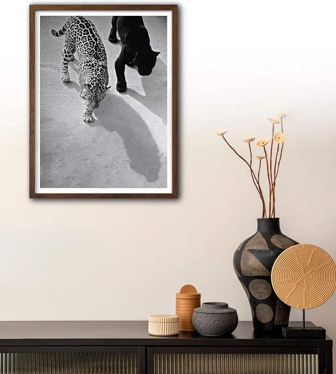 EcoHest 12x16 in Cheetah and Jaguar Walking Framed Wall Art | Walnut Color Solid Oak Frame, Canvas Wall Art, Black White Animal Wall Decor for Living Room, Bedroom, Apartment, Dorm, 1Pack
