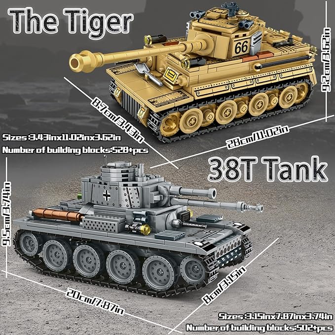 2 Piece Set of Building Block Toys, 38T & Tiger Tank Building Sets(1000+ pcs)