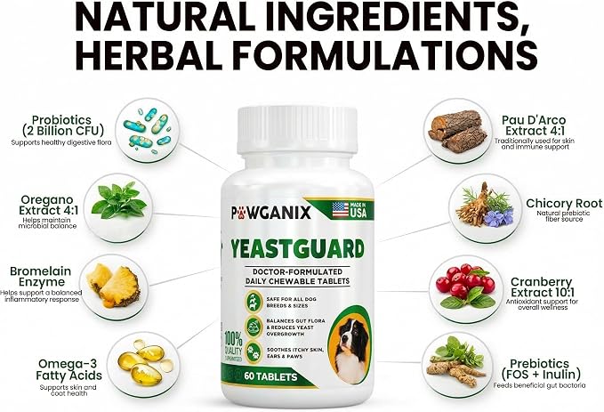 YeastGuard – Dog Yeast Infection Treatment & Probiotics (60 Chews) | Itchy Skin, Ear, Paw & Allergy Relief | 2B CFU + Caprylic Acid | Vet-Approved, Made in USA