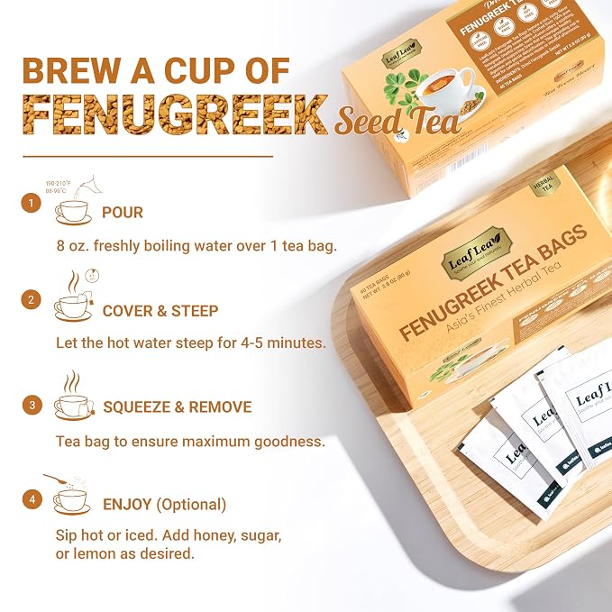 LeafLea Fenugreek Tea Bags, Whole Methi Seed Tea, 80 Count Value Pack | Real Fenugreek Seed, Fenogreco Tea, Toasty Nutty Flavor, Caffeine-Free, Non-GMO, Gluten-Free, Foil-Sealed Fresh