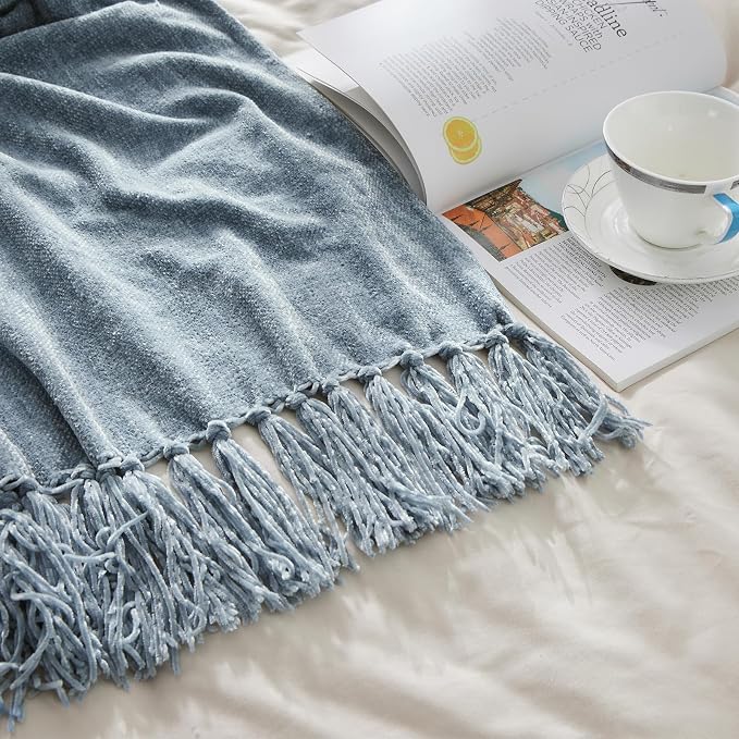 CozeCube Chenille Throw Blanket, Dusty Blue Fringe Blanket, 60"X80" | For Couch, Cozy Plush Fuzzy Decorative Blanket with Fringe Tassels, Lightweight Throws for Bed Sofa Gift Home Decor