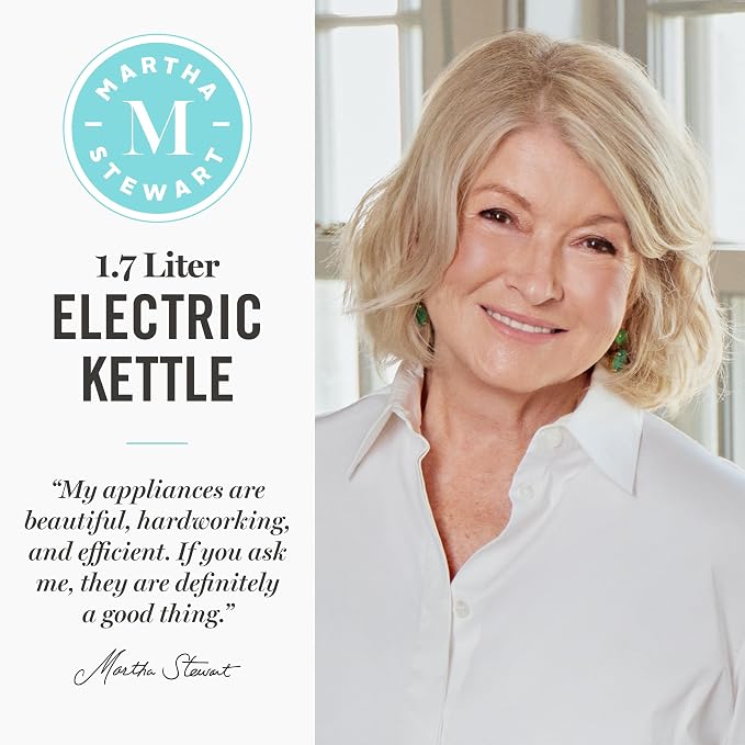 Martha Stewart Electric Kettle with Removable Stainless Steel Tea Infuser, Glass Carafe 1.7L (7 Cups), Hot Water Boiler, 4 Presets, Keep Warm & Auto Shut-Off, Cordless 360° Swivel Base, Linen Cream