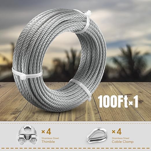 1/4" Stainless Steel Cable, 100FT Wire Rope Aircraft Cable with Cable Clamps and Thimbles for Backyard Zipline, String Lights and Deck Railing, 6x37 Strands Construction