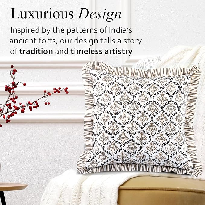 CPC Sandstone Regal Hand Block Print 100% Cotton Ruffle Throw Pillow Cover 24x24 inch with Hidden Zipper Decorative for Couch, Bed, Sofa, Farmhouse, Cottagecore Decor Gift Christmas Fall Thanksgiving