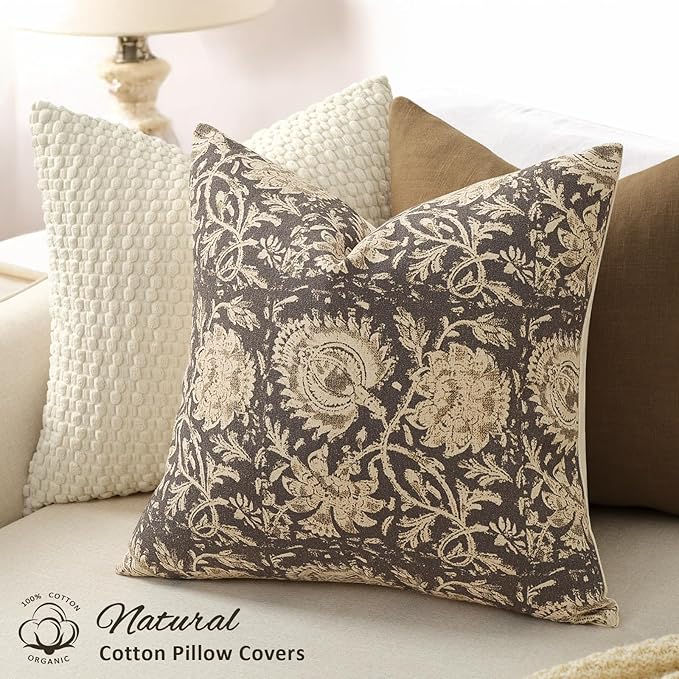 Vintage Floral Print Throw Pillow Covers 18x18 Set of 2 Neutral Modern Farmhouse Pillowcases Accent Decorative Cushion Covers Boho Home Decor for Couch Sofa Chair Bed Living Room, Rustic Gray