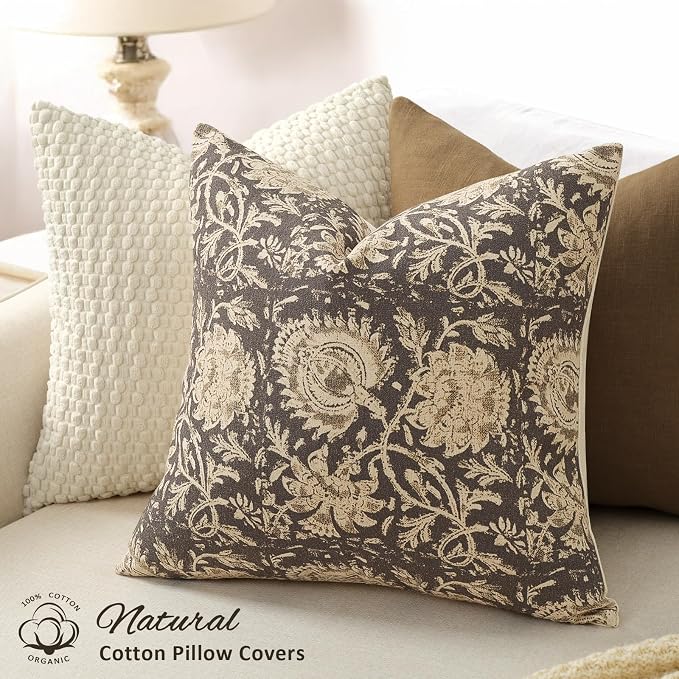 Vintage Floral Print Throw Pillow Covers 22x22 Set of 2 Neutral Modern Farmhouse Accent Decorative Cushion Covers Boho Home Decor for Couch Sofa Chair Bed Living Room, Rustic Gray