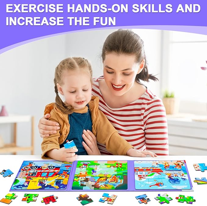 Fire Brigade Magnetic Puzzles for Toddlers, 3 in 1 Jigsaw Puzzle Book, Travel Puzzles for Preschool Learning Ages 3-8