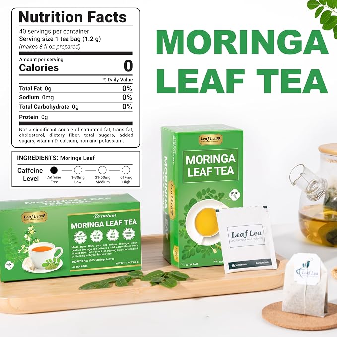 LeafLea Moringa Tea Bags, Natural Moringa Leaf Herbal Tea, 120 Count | Nutrient-Rich Moringa Oleifera Leaves, Individually Foil-Wrapped, Caffeine-Free, Sugar-Free, Vegan, 3 Boxes