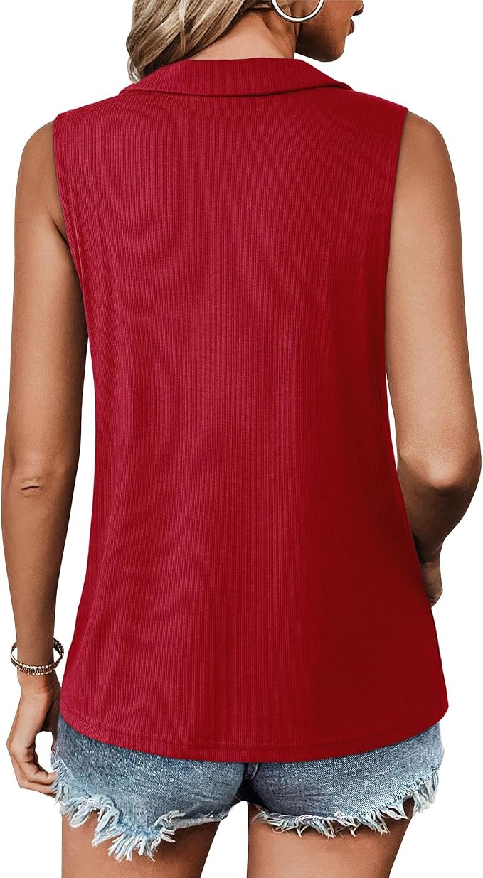Vivilli Womens Ribbed Tank Top Zipper V Neck Dressy Casual Blouses Sleeveless Camisole Tops Work Tank Polo Shirts