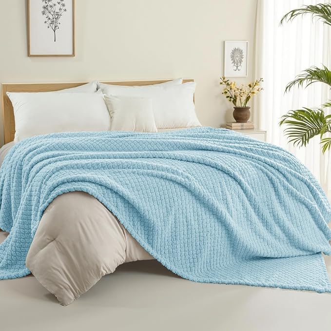 Exclusivo Mezcla Soft Fleece Twin Size Blanket for Bed, Light Blue | Jacquard Lightweight Cozy Bed Blanket, Breathable Decorative Fuzzy Textured All Season Use, 60x80 Inches