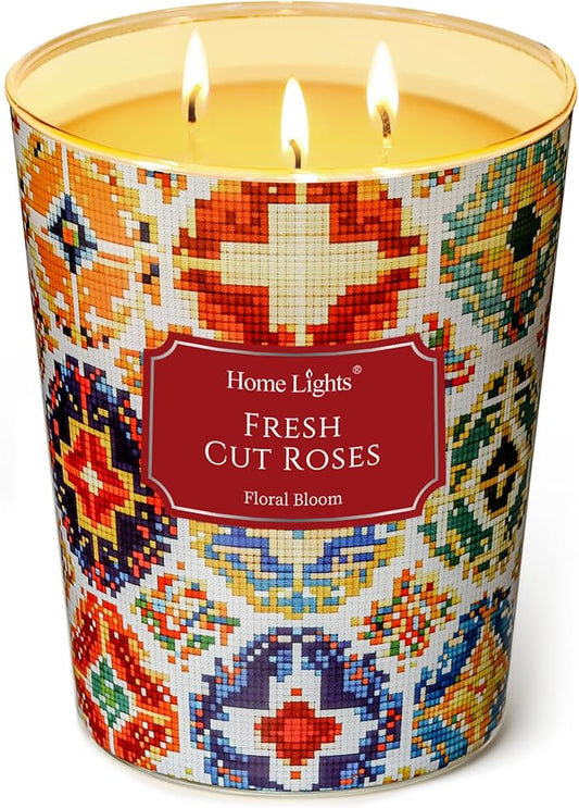 HomeLights 3-Wick Candles for Home Scented - 34oz Soy Wax Blend Candle Long-Lasting Fragrance, Bohemian Natural Textures Home Decor and Housewarming Gifts, Fresh Cut Roses