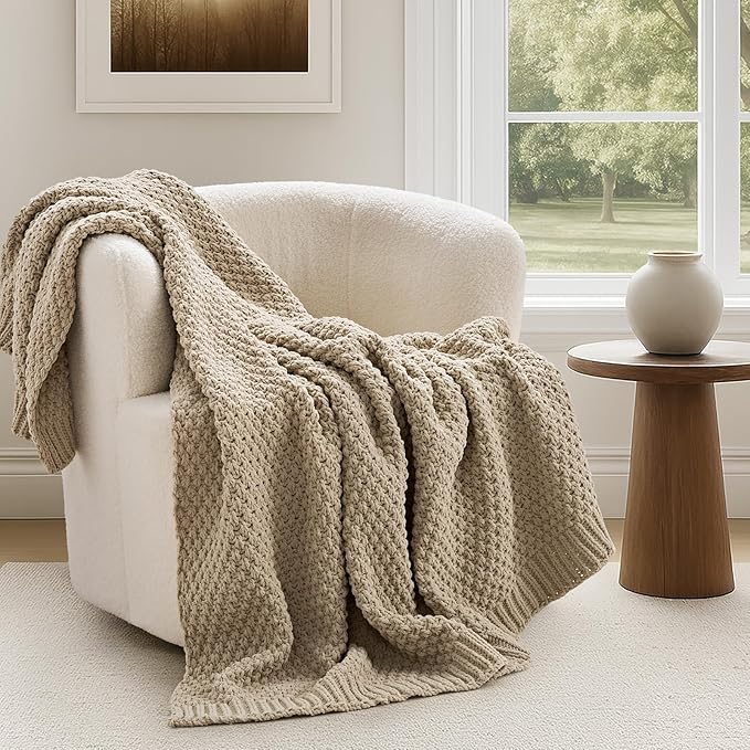 EVERGRACEHOME Chunky Chenille Knit Throw Blanket, 50 x 60, Sand Dune | Sculpted Moss Stitch, Chic Modern Farmhouse, All-Season Warmth, OEKO-TEX® Certified, Elegant Blanket for Couch, Bed, Sofa