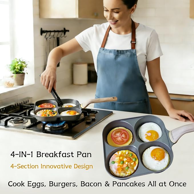 4-Cup Divided Titanium Nonstick Egg Skillet, 4-In-1 Breakfast Pan for Eggs, Pancakes, Crepes, Patties & Omelettes, Induction & Gas Compatible, PFOA/PTFE Free