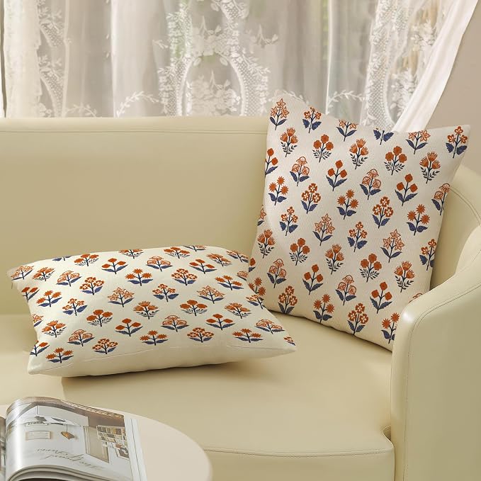 Farmhouse Floral Block Print Pillow Covers 18x18 Set of 2, Vintage Rustic Decorative Throw Pillows Modern Flower Cushion Covers for Sofa Couch Bed Living Room Home Decor, Navy Blue Orange