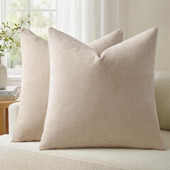 a moment Pack of 2 Decorative Chenille Throw Pillow Covers with Twill Cushion Covers for Sofa Living Room Couch Bed 24x24 Inch Beige