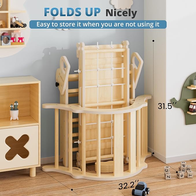 BlueWood 10-in-1 Pikler Triangle Set, Toddler Climbing Toys Indoor, Montessori Climber, Baby Jungle Gyms with Arch, Extra Rope Ladder & Footprint Balance Beam - Natural Rustic