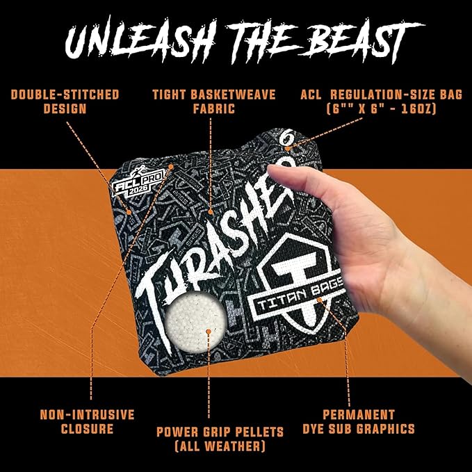 Titan Bags Thrasher Cornhole Bags - 6"x6" ACL PRO Approved Tournament-Grade, Durable Dual-Sided for Precision Shots, All-Weather Power Grip Pellets for Indoor & Outdoor Tossing - Set of 4
