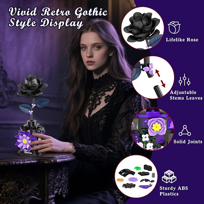 Gothic Black Roses Building Blocks Kit, Mysterious Dark Bloom with Vase Toy Building Sets for Boys Girls, 359 Pcs Artificial Flower Building Toys Halloween Decor Gifts for Kids Adults
