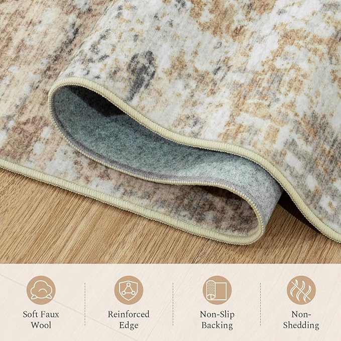 Rugflix 5x7 Area Rugs for Living Room, Washable Gold Beige Grey Large Rug | Machine Washable; Stain-Resistant; Low Pile; Non-Slip; Modern Abstract; Carpet for Bedroom Dining Office Nursery Home