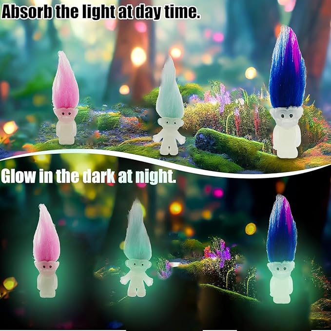 40pcs Luminous Mini Troll Dolls Glow in The Dark Vintage Action Figures Troll Dolls 1.2" Bodies, 2.3" Hair. Cake Toppers School Project, Arts and Crafts (40pcs)