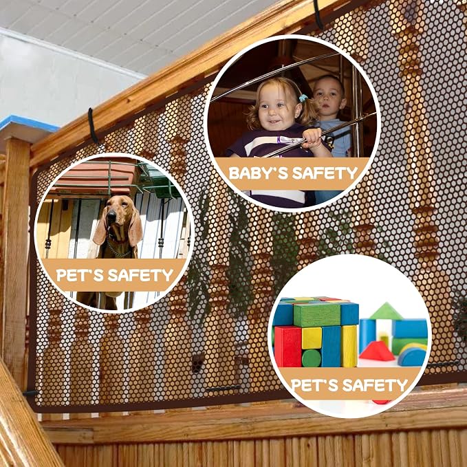 Banister Guard for Baby and Pets - 10ft x 3ft Safety Stairs Rail Net, Balcony Netting Provides Safe Environment for Child, Small Pet, Toy - Brown