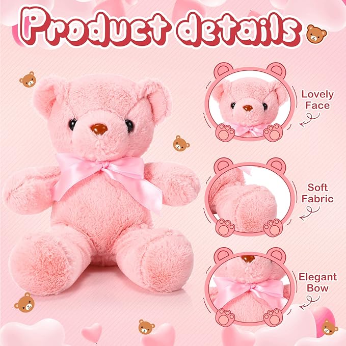 Aoriher 6 Pcs Bear Stuffed Animal Bulk Baby Shower Bear Plush Toys Soft Cute Sleeping and Playing Decorations for Kids Back to School Gift Baby Shower Birthday Party Favor(Pink)