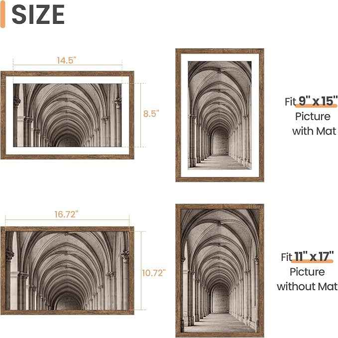 upsimples 11x17 Picture Frame, Display Pictures 9x15 with Mat or 11 x 17 Without, Wall Hanging Poster Frames, Rustic Brown, 1 Pack