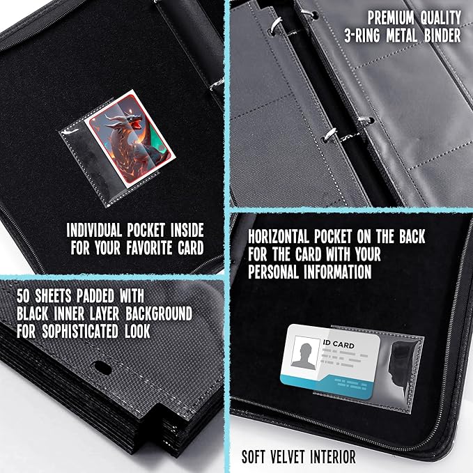 Trading Card Binder 9-Pocket – Display Pocket & ID Slot, Holds 900 Cards, Zippered 3-Ring Card Album with 50 Removable Sleeves for TCG/Sports Cards + Metal Keychain