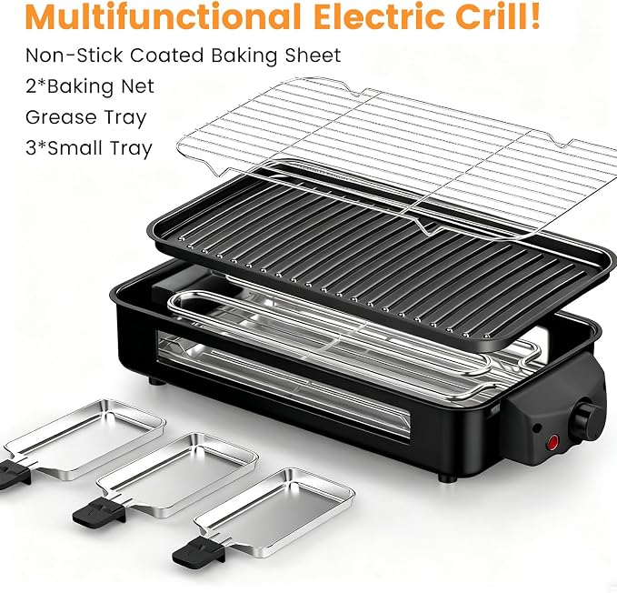 Electric Indoor Grill 1700W 2 in 1 Smokeless Griddle Grill Pan for Kitchen | Temperature Setting Inside Countertop Korean BBQ Grill with Grilling Net & Non-Stick Removable Griddle Plate and 3 Cheese Pan