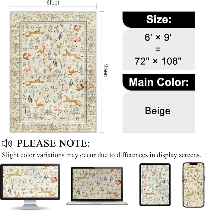 DUKINO 6x9 Area Rug, Washable Animal Living Room Rug Non Slip, Beige | Soft, Low Pile, Non-Shedding Indoor Large Carpet for Bedroom, Dining Room, Kids PlayRoom, Farmhouse, Pet Friendly, Home Decor