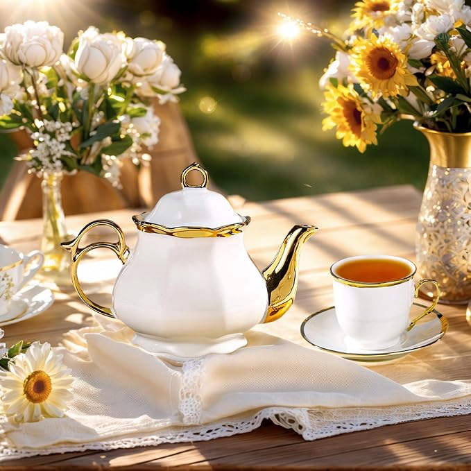 20 Pcs Porcelain Tea Set with Metal Holder, European Ceramic Tea Set for Adults, Coffee Tea Gift Sets, French Tea Cup Saucer Set for Party With Gold Trim (French White)