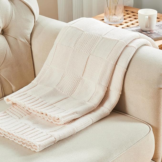 CozeCube Cream White Knitted Checkered Throw Blanket 60"X80" | Check Knit Throw for Couch, Decorative Christmas Soft Cozy Warm Blanket for Bed Sofa Living Room
