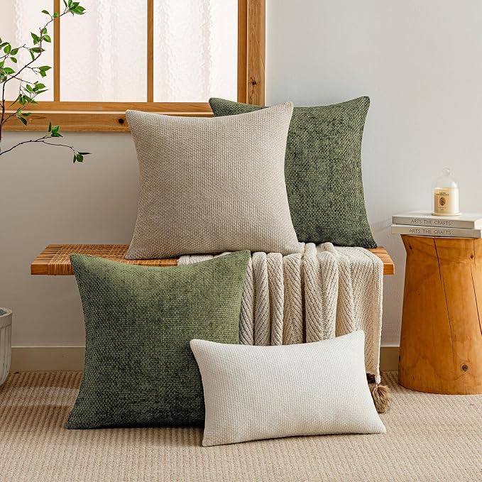 a moment Olive Green Chenille Throw Pillow Covers 12x20 Inch Pack of 2 Modern Decorative Throw Pillow Covers Farmhouse Cross Covers Home Decor for Sofa Bedroom Living Room
