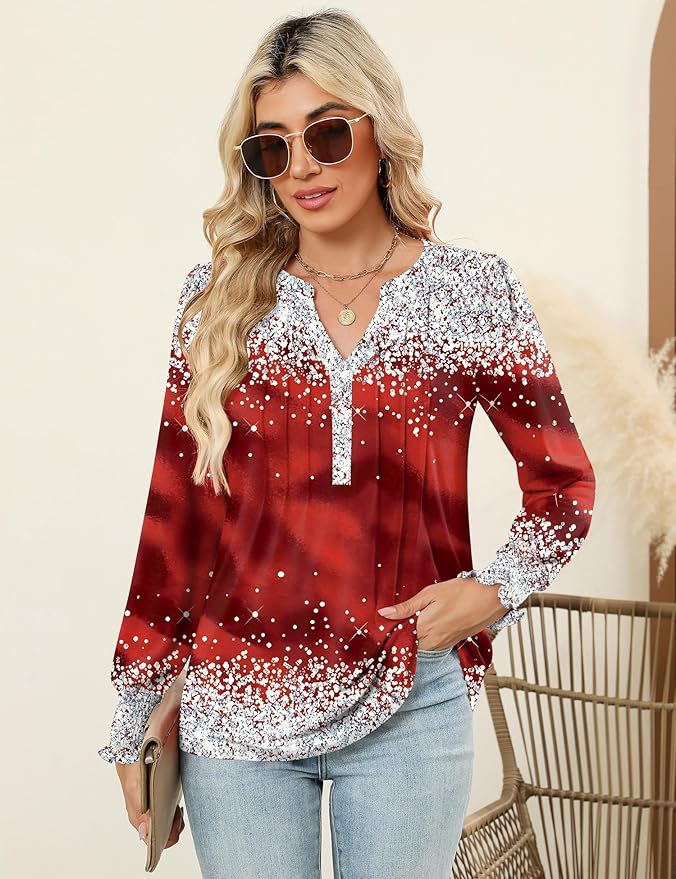 LOMON Womens Tops Dressy Casual Pleated Ruffle Long Sleeve Tunics Tops to Wear with Leggings V Neck Work Blouse