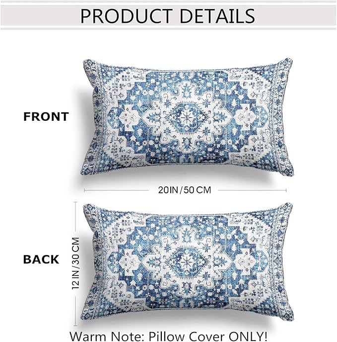Snycler Boho Throw Pillow Covers 12x20 inch Set of 2 Blue Boho Rug Carpet Double Sided Pattern Cotton Soft Pillow Case Cushion Cover Pillowcase for Couch Sofa Bed Decorative