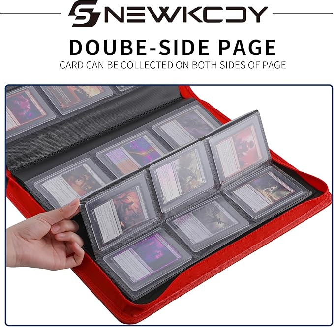 Snekdy Top loader Binder, 9 Pockets Top Loader，Holds 360 Top Loaders cards, Card binder with Sleeves for card in 3 x 4 inches color smooth Zipper PU Leather (Red)