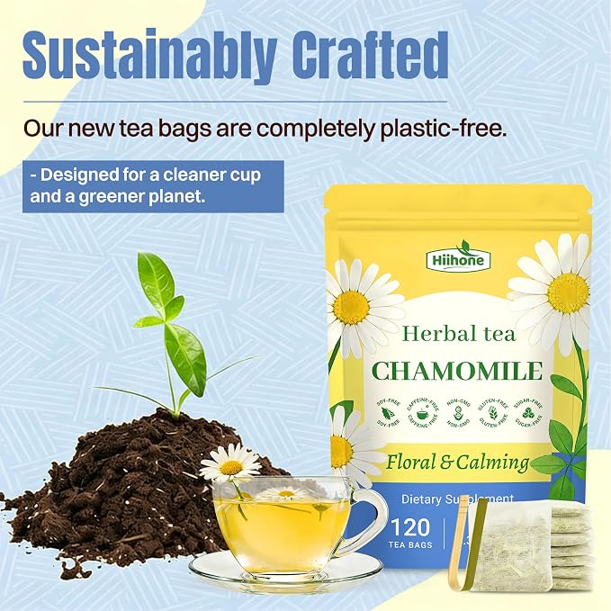 Hiihone Chamomile Tea Bags 120 Count – Pure Chamomile Herbal Tea, Caffeine-Free, Supports Relaxation & Stress Relief, Premium Floral Chamomile, Non-GMO Natural Herbal Tea