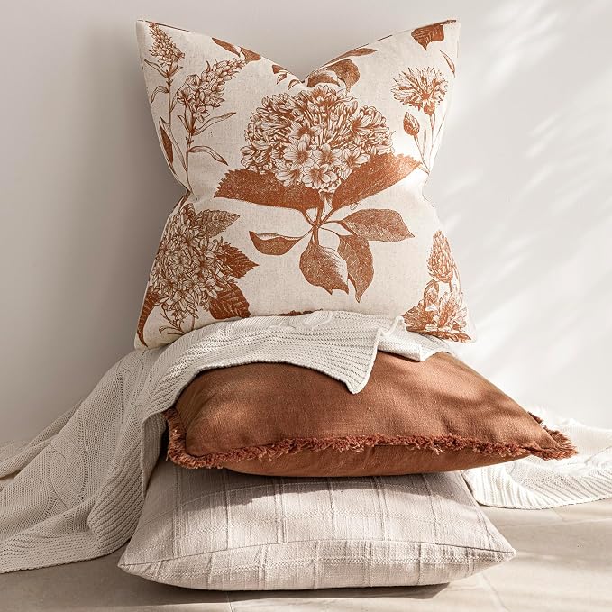 Foindtower Set of 2 Linen Floral Throw Pillow Covers Vintage Accent Print Decorative Cozy Cushion Covers Farmhouse Boho Home Decor for Sofa Chair Couch Bedroom Living Room,22×22 Inch,Autumn Orange