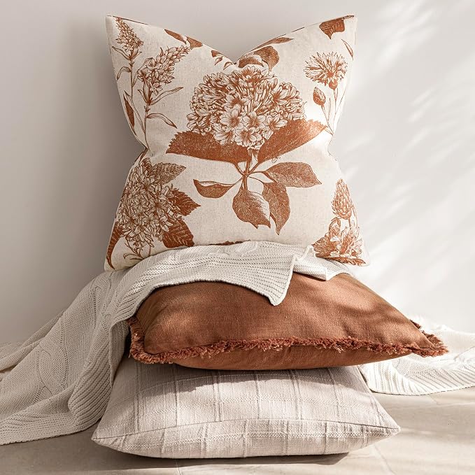 Foindtower Set of 2 Linen Floral Throw Pillow Covers Vintage Accent Print Decorative Cozy Cushion Covers Farmhouse Boho Home Decor for Sofa Chair Couch Bedroom Living Room,20×20 Inch,Autumn Orange
