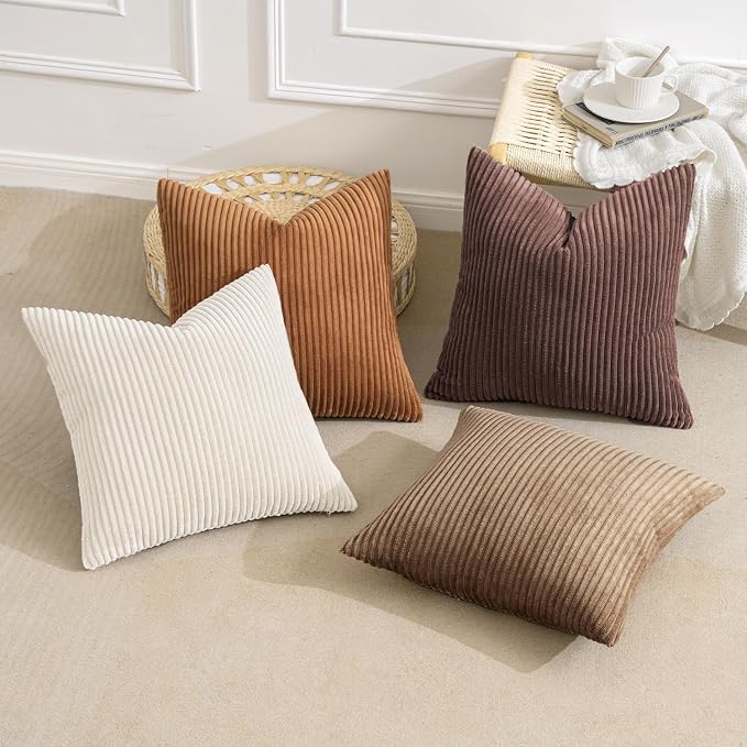 MIULEE Fall Corduroy Decorative Throw Pillow Covers Brown Series 24x24 | Set of 4, Mordern Rustic Fall Decor, Layered Brown Collection, Boho Farmhouse Cushion Covers for Couch Bed Sofa Living Room