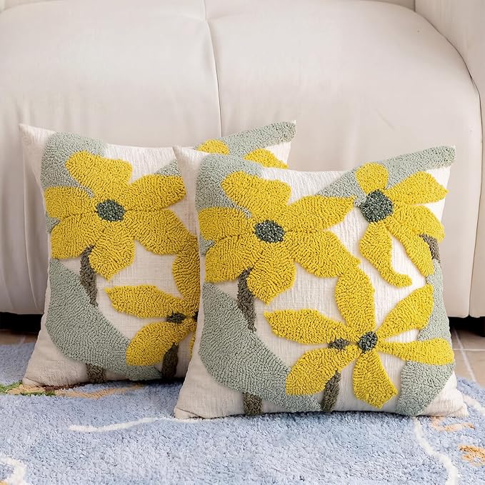 Summer Floral Throw Pillow Covers 18x18 Inch Set of 2, Chenille Embroidered Pillowcase with 3D Tufted Yellow Flowers Sage Green Leaves, Boho Decorative Cushion Covers for Couch Sofa Bed